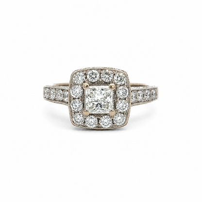 14K White Gold Diamond Halo Estate Ring – Filigree Vintage