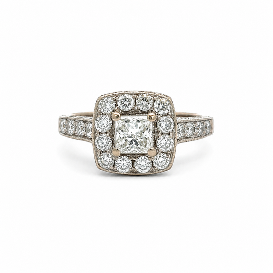 14K White Gold Diamond Halo Estate Ring – Filigree Vintage