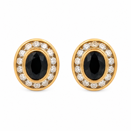 Dark Sapphire & Diamond Vintage Earrings in 18K Yellow Gold