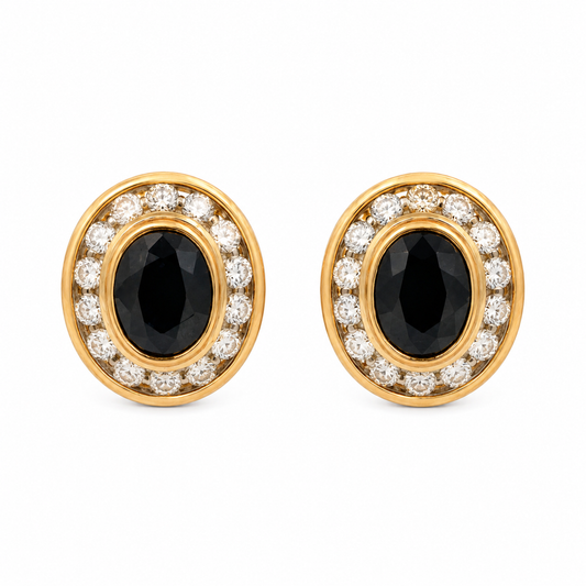 Dark Sapphire & Diamond Vintage Earrings in 18K Yellow Gold