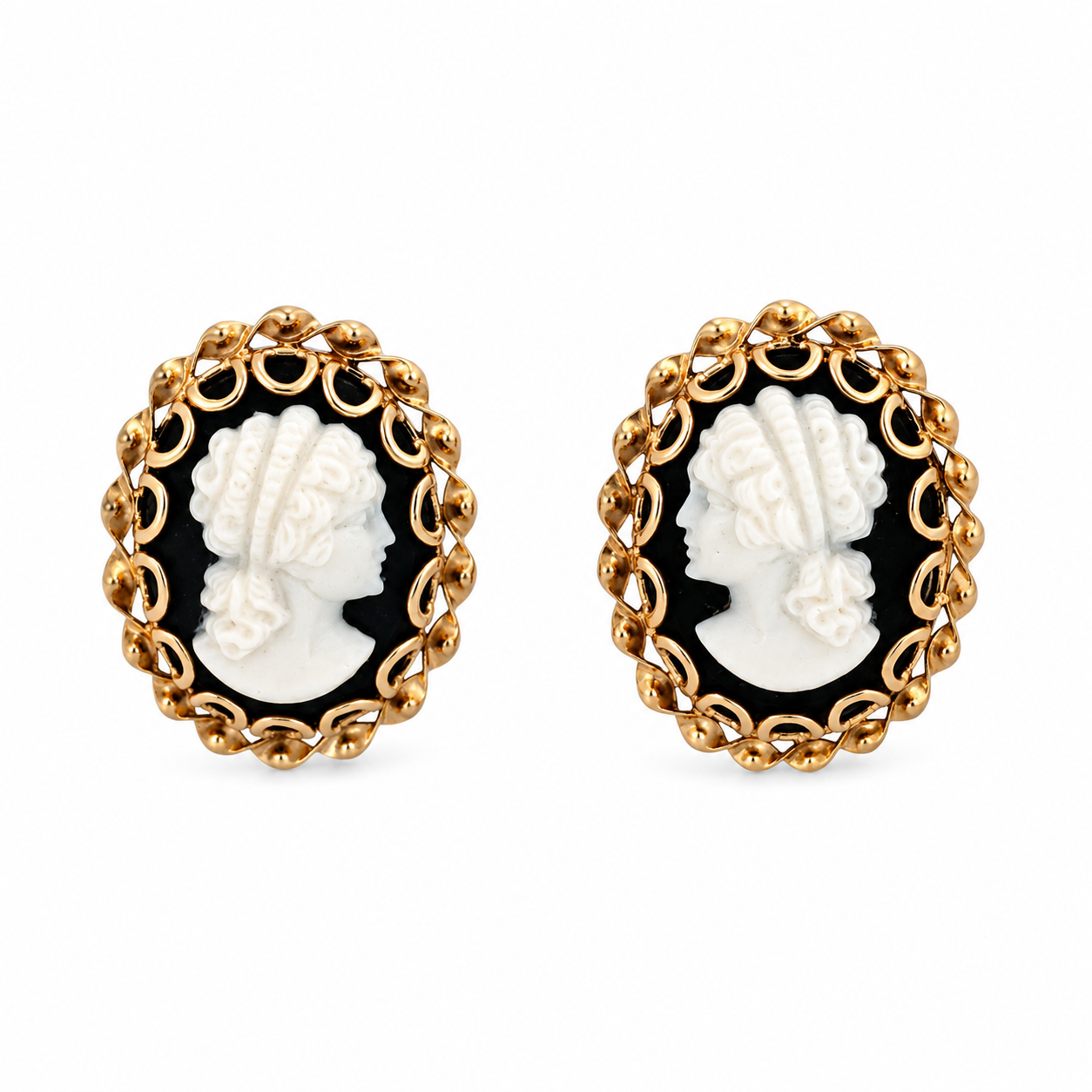 Yellow Gold Shell Cameo & Black Onyx Earrings