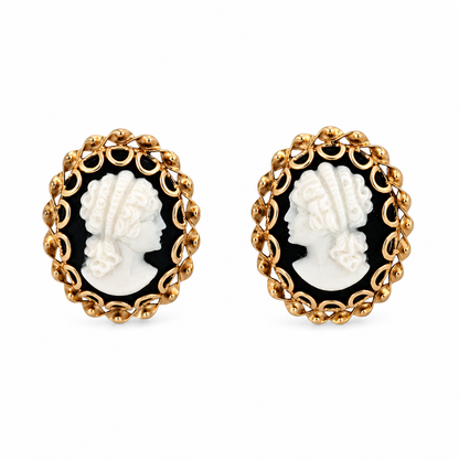 Yellow Gold Shell Cameo & Black Onyx Earrings
