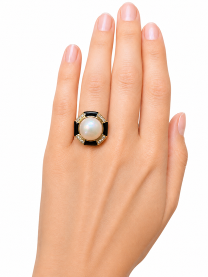 Vintage Pearl Onyx Diamond Geometric Ring in 14K Gold