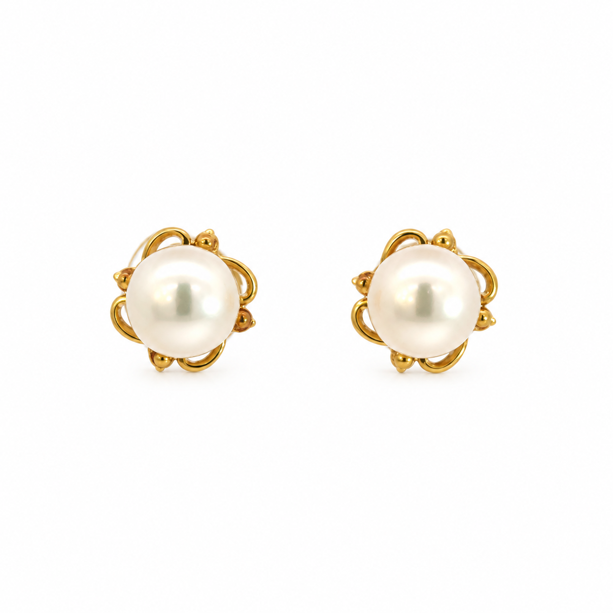 14K Yellow Gold Pearl Floral Stud Earrings