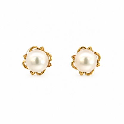 14K Yellow Gold Pearl Floral Stud Earrings