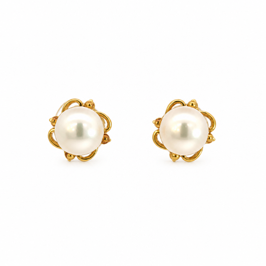 14K Yellow Gold Pearl Floral Stud Earrings