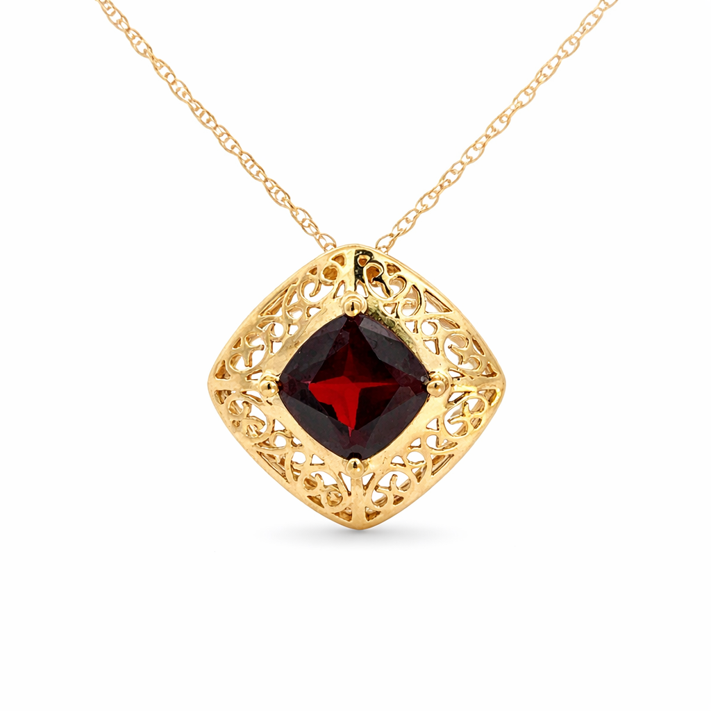 14K Yellow Gold Garnet Cushion Cut Pendant with Gold Filigree Frame