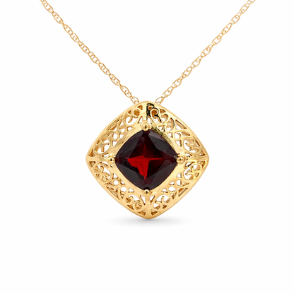14K Yellow Gold Garnet Cushion Cut Pendant with Gold Filigree Frame