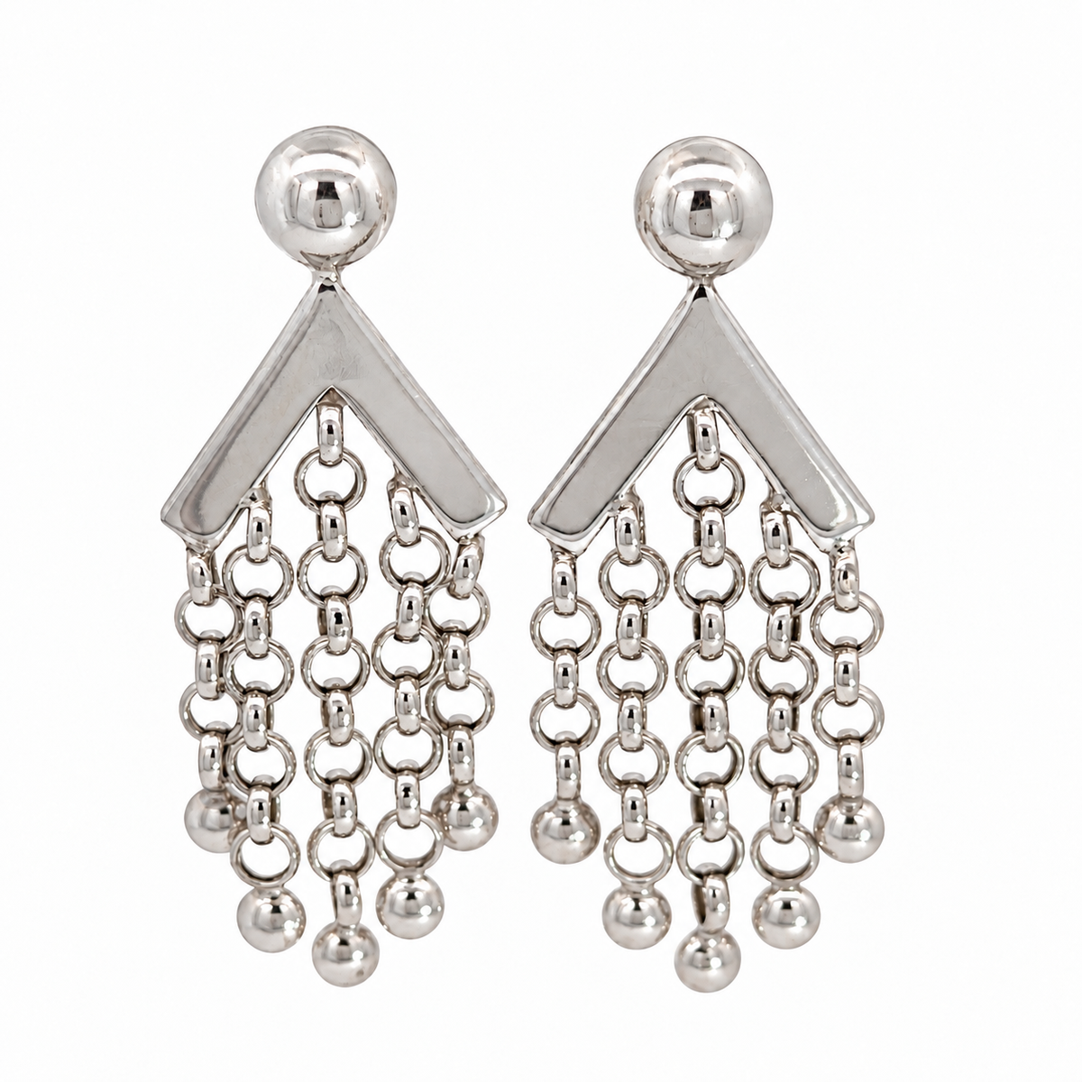 14K White Gold Chevron & Chain Fringe Drop Earrings