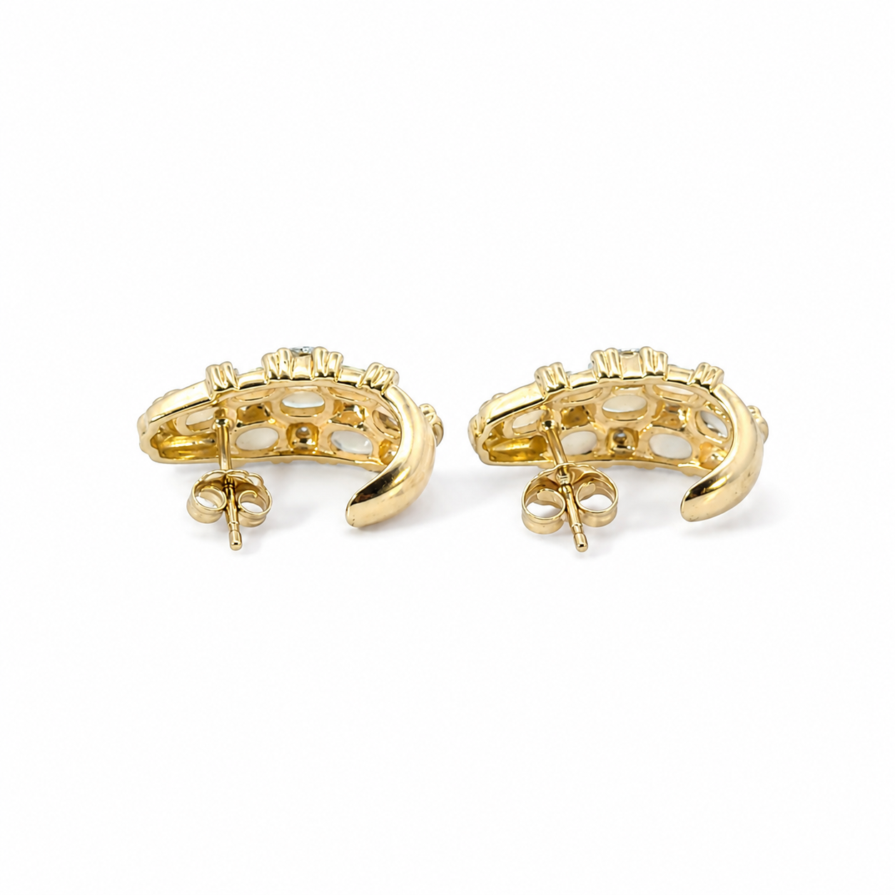 Vintage Opal Diamond Half Hoop Earrings 14K Gold