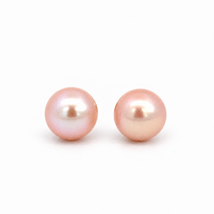 14K Yellow Gold 7mm Peachy Pink Pearl Stud Earrings