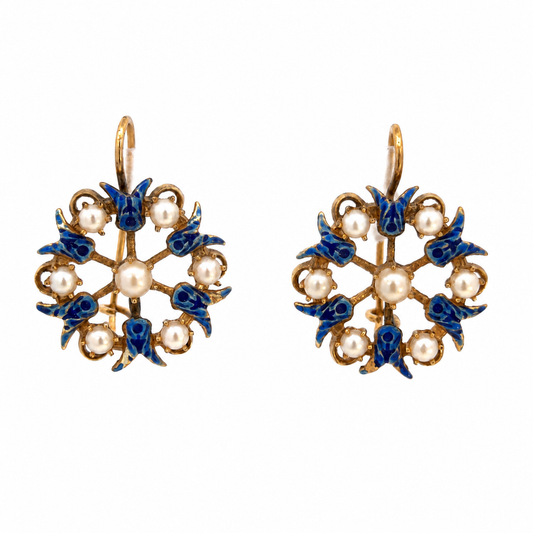 Antique 14K Yellow Gold Blue Enamel Tulip & Pearl Earrings