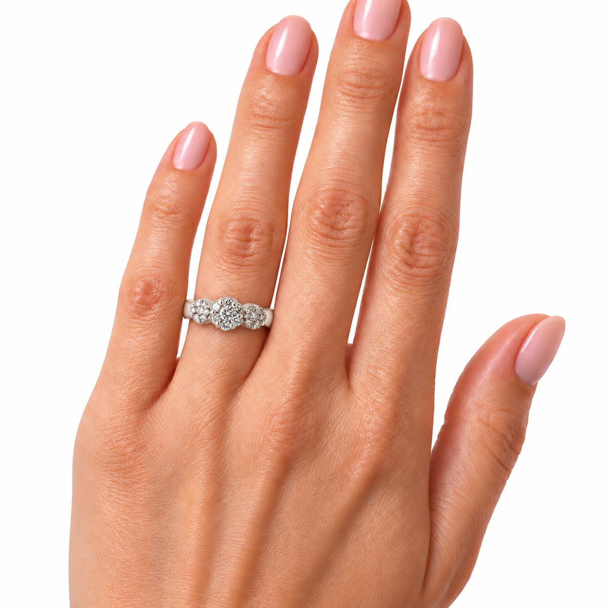 14K White Gold Three-Cluster Diamond Ring