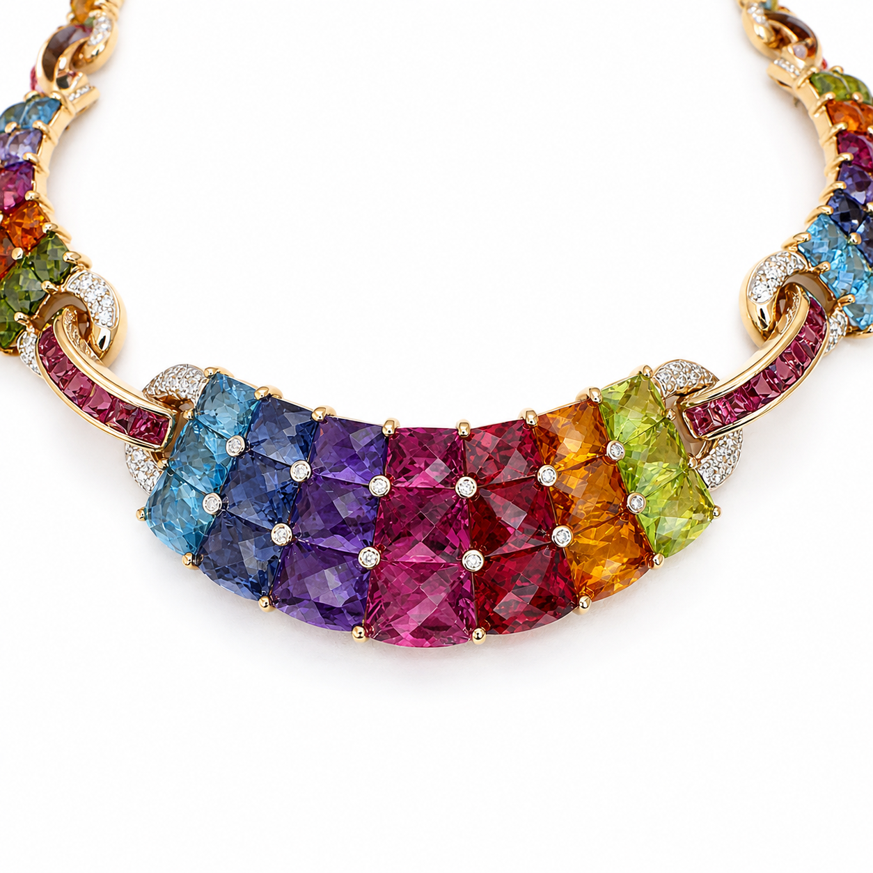 Luxury 18K Gold Rainbow Gemstone Necklace with Diamonds – 70CT Natural Stones, 16”