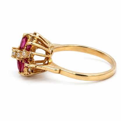 14K Yellow Gold Ruby & Diamond Floral Cluster Ring