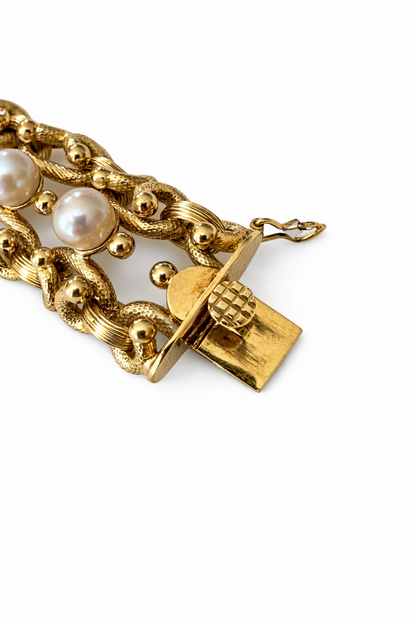 18K Yellow Gold Pearl Link Bracelet | Retro Era