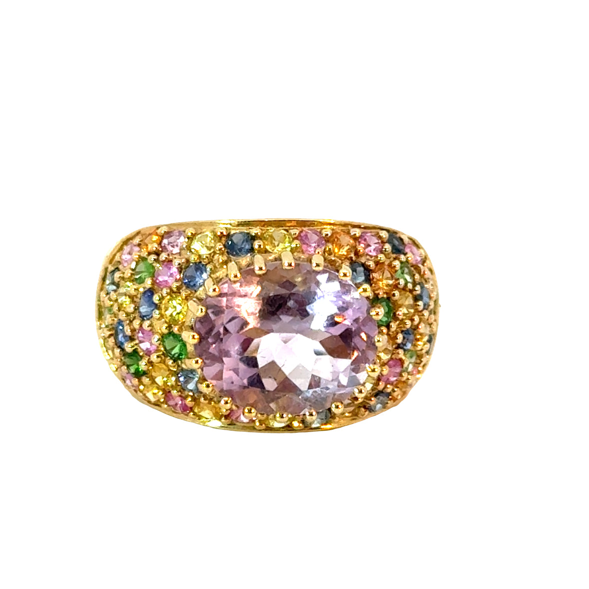 14K Yellow Gold Multicolor Gemstone Dome Ring with Amethyst Center