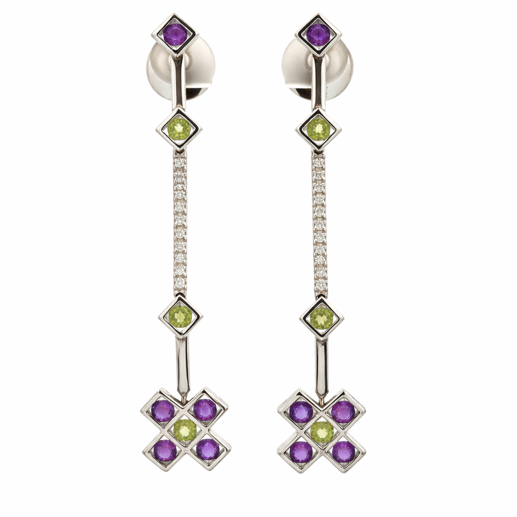 18K White Gold Amethyst, Peridot & Diamond Long Drop Earrings
