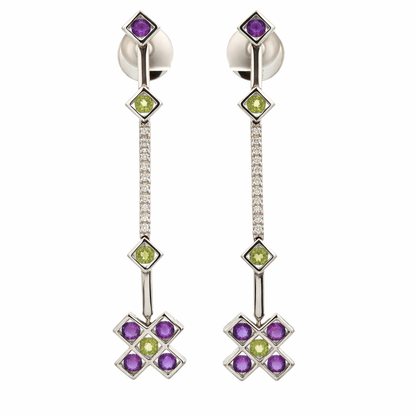 18K White Gold Amethyst, Peridot & Diamond Long Drop Earrings