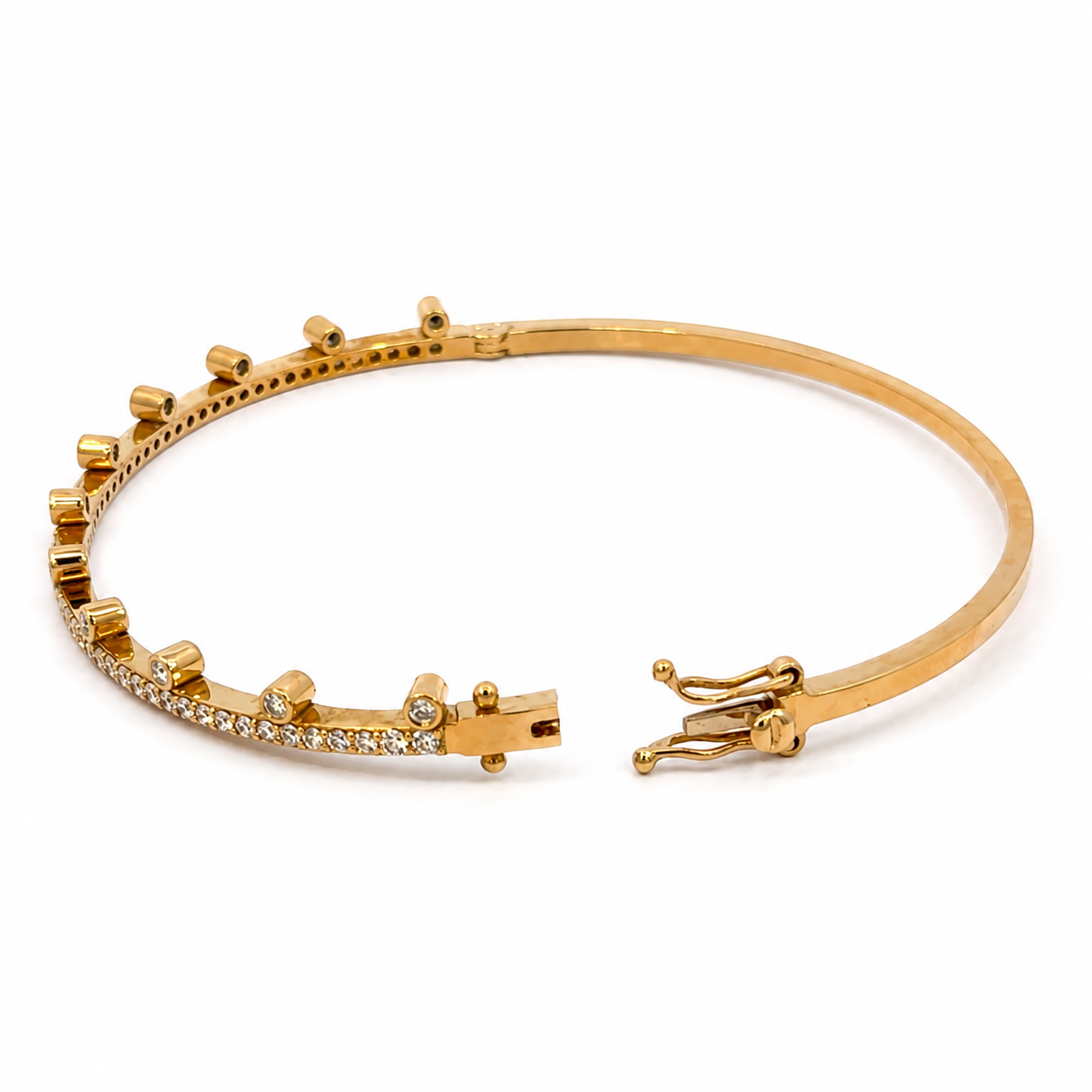 18K Yellow Gold Diamond Bangle with Raised Bezel Accents
