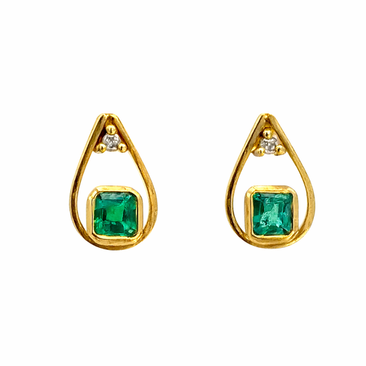18K Gold Emerald Diamond Open Teardrop Earrings