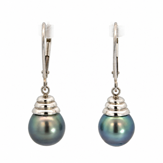 14K White Gold Blue-Gray Pearl Drop Lever-Back Earrings