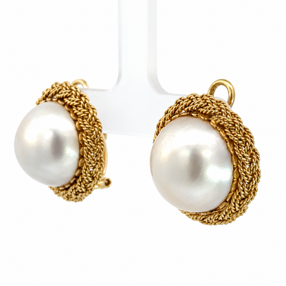 Vintage 14K Yellow Gold Mabé Pearl Ring and Earring Set with Braided Gold Surround