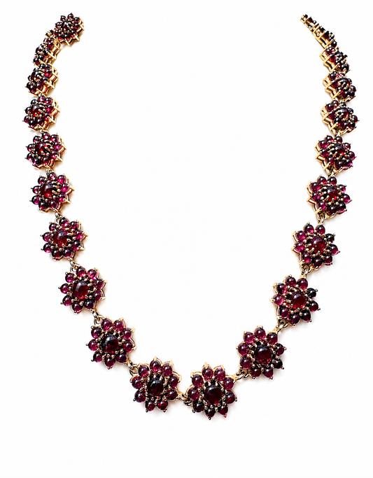1960s Vintage 14K Gold Garnet Flower Cluster Necklace