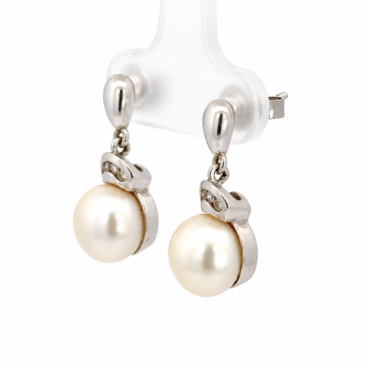 14K White Gold Diamond-Capped Pearl Drop Earrings