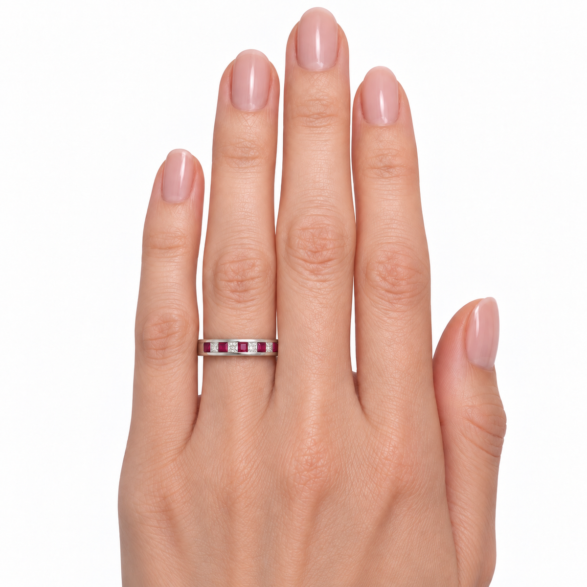 14K White Gold Alternating Ruby & Diamond Band