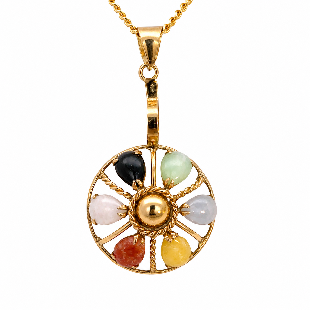 Vintage 14K Yellow Gold Multi-Color Jade Sunburst Pendant