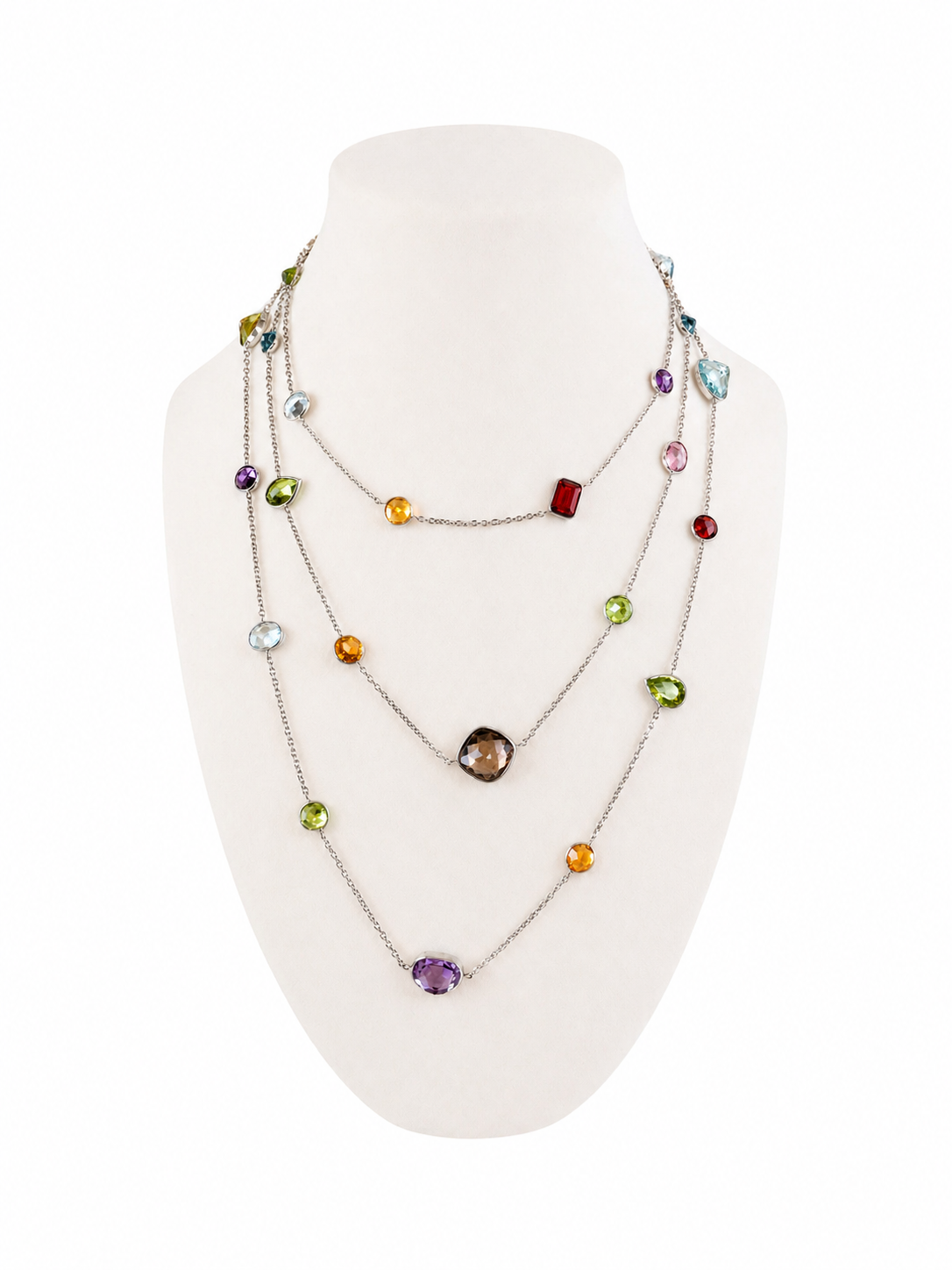 Long 14K White Gold Multicolor Gemstone Station Necklace, 49 Inch Layering Necklace