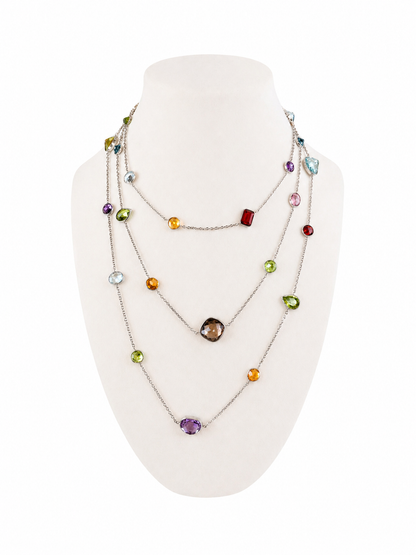 Long 14K White Gold Multicolor Gemstone Station Necklace, 49 Inch Layering Necklace