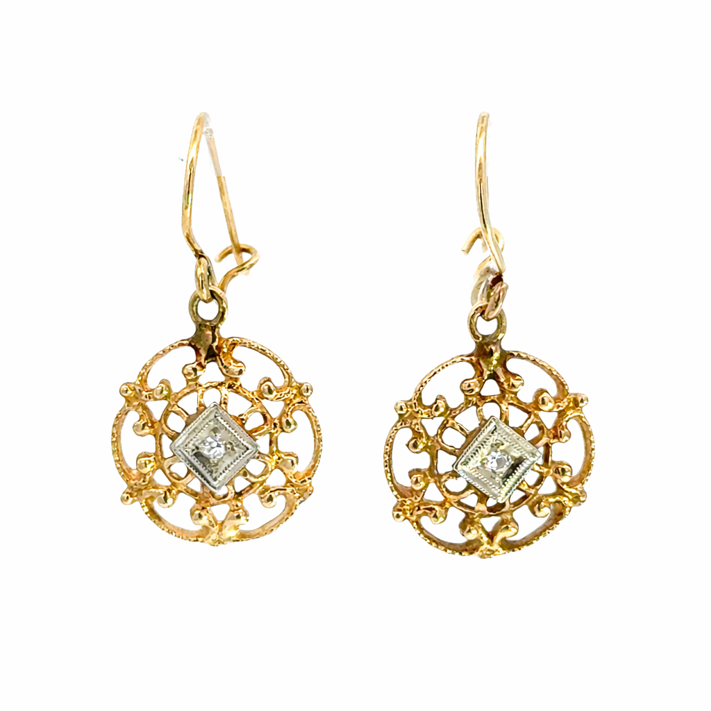 Vintage 14K Gold Diamond Filigree Medallion Drops