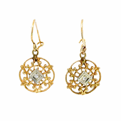 Vintage 14K Gold Diamond Filigree Medallion Drops
