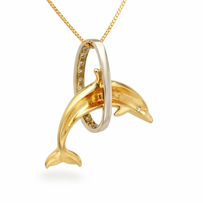14K Yellow Gold Dolphin Pendant with Diamond Hoop & Diamond Eye