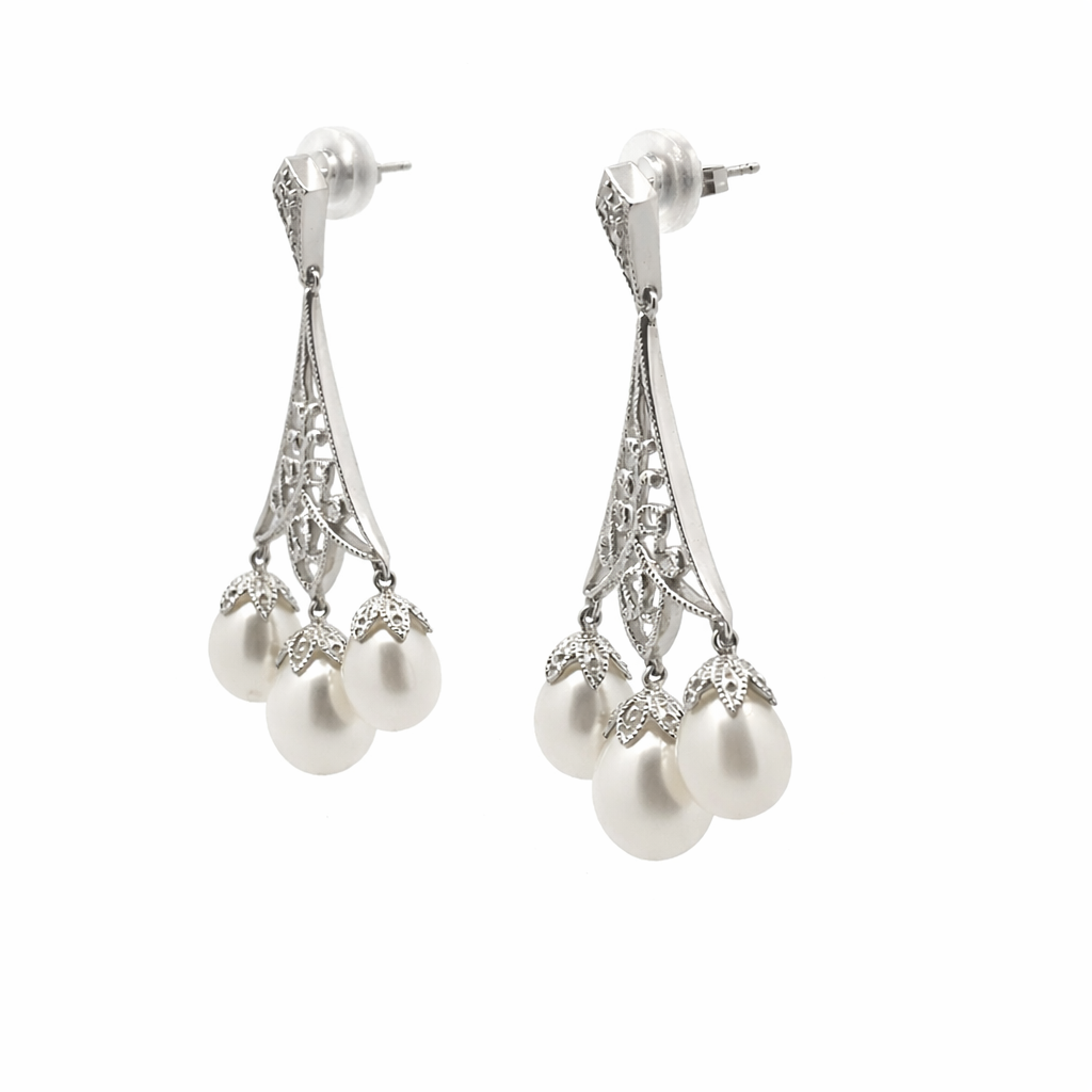 White Gold Three Pearl Filigree Drop Earrings