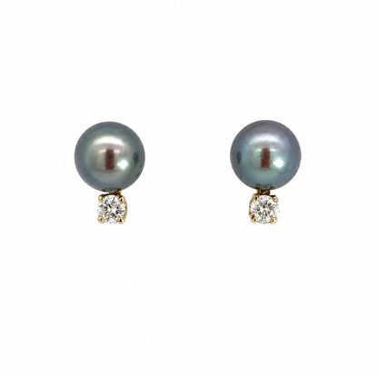 14K Yellow Gold Black Pearl & Diamond Accent Earrings
