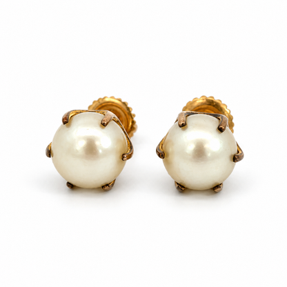 14K Yellow Gold Pearl Earrings with Openwork Cage Settings