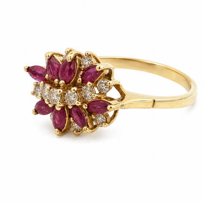 14K Yellow Gold Ruby & Diamond Floral Cluster Ring