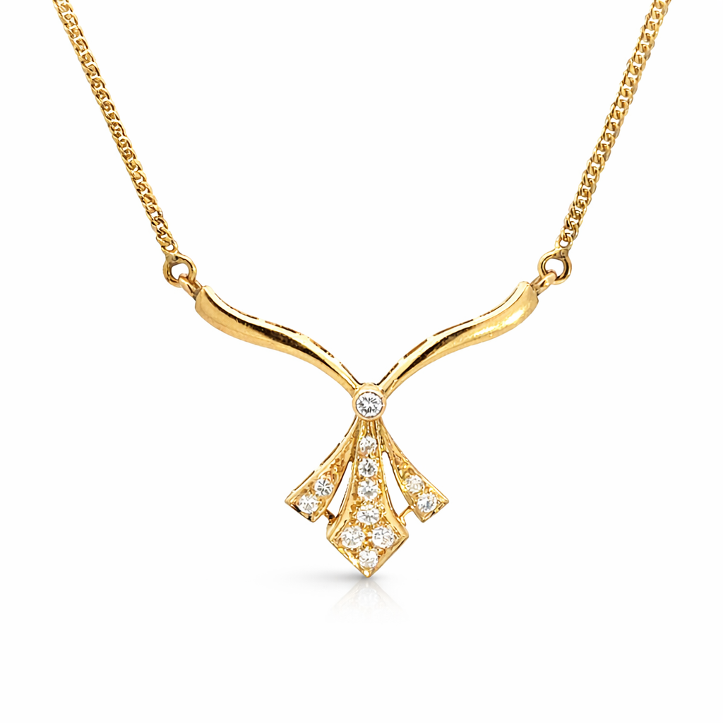 14K Yellow Gold Diamond Necklace with Fan Style Diamond Drop