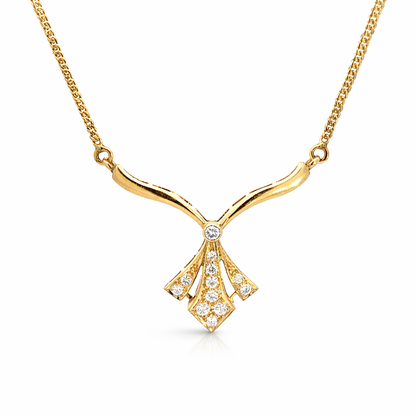 14K Yellow Gold Diamond Necklace with Fan Style Diamond Drop