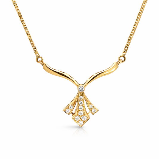 14K Yellow Gold Diamond Necklace with Fan Style Diamond Drop