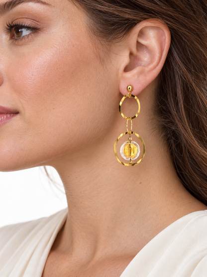 14K Yellow Gold Circle Drop Earrings with Golden Bead Accents