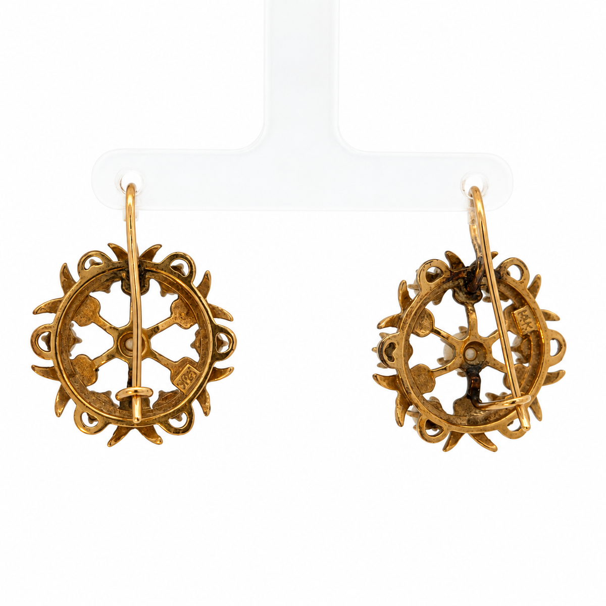 Antique 14K Yellow Gold Blue Enamel Tulip & Pearl Earrings