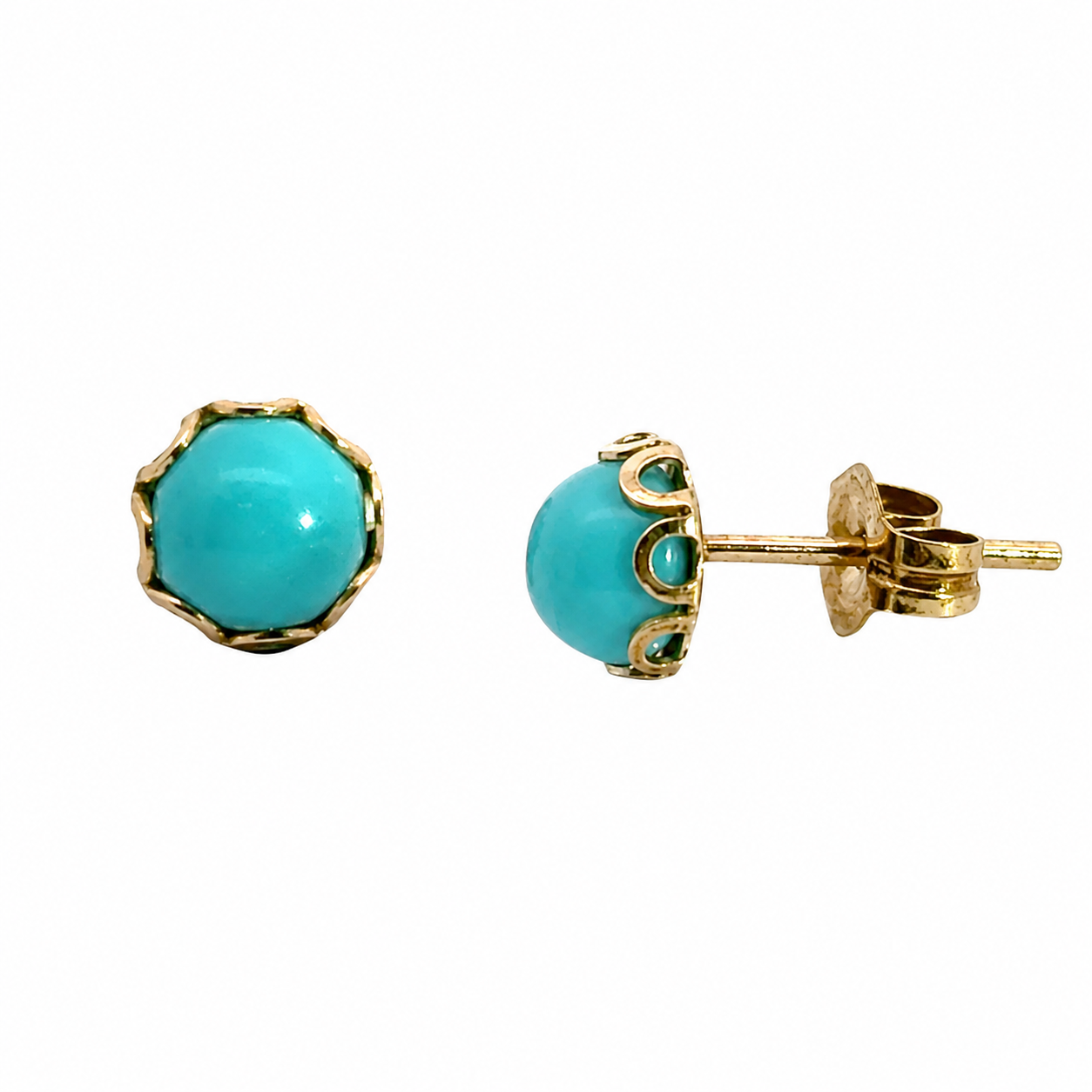Petite Turquoise Cabochon Stud Earrings in 14K Scalloped Gold