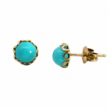 Petite Turquoise Cabochon Stud Earrings in 14K Scalloped Gold