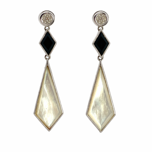 White Gold Diamond, Onyx & Mother-of-Pearl Drop Earrings