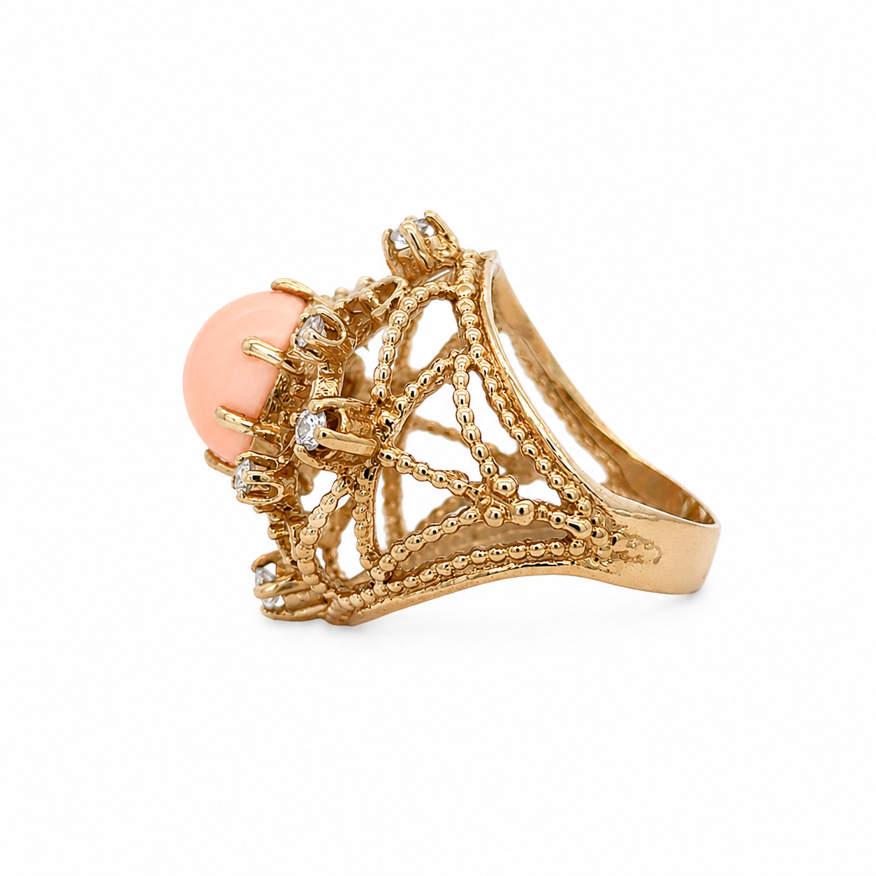 18K Yellow Gold Vintage Coral & Diamond Lacework Statement Ring