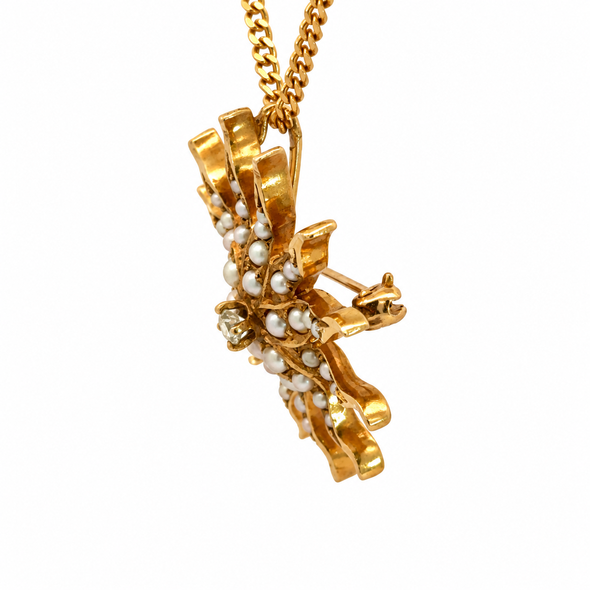 Antique Victorian 14K Yellow Gold Seed Pearl & Diamond Sunburst Convertible Pendant/Brooch